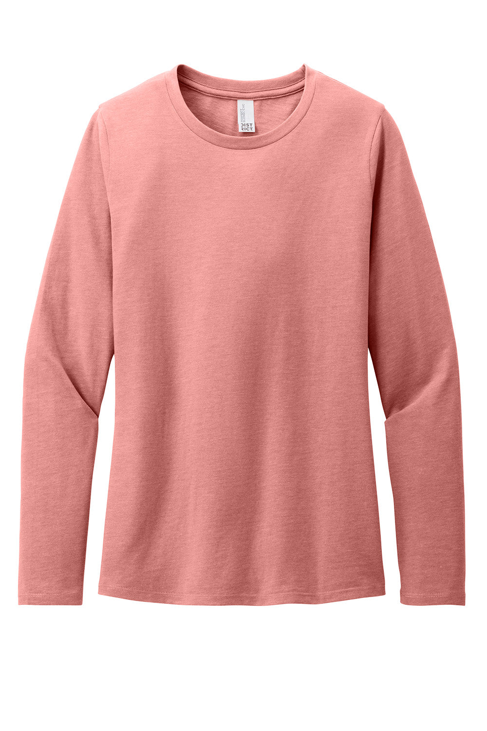 Print-View District Women’s Perfect Blend CVC long sleeve tee in blush frost color, shown flat front view with soft fabric texture.