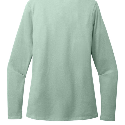 Personalized Women’s Perfect Blend CVC Long Sleeve Tee back view - heathered dusty sage - shoulder taping and ribbed cuffs by Print-View