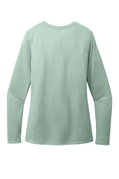 Heathered dusty sage District® Women’s Perfect Blend® CVC long sleeve tee by Print-View, shown flat with back view.