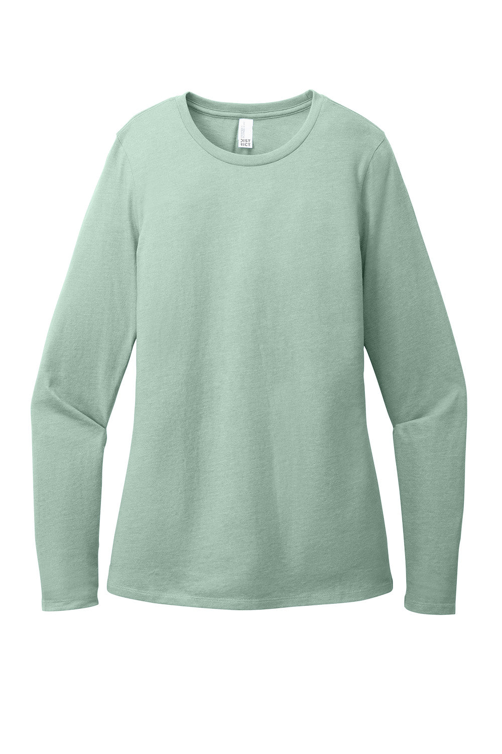 Heathered dusty sage District women's long sleeve Perfect Blend CVC tee with a flat front design from Print-View.