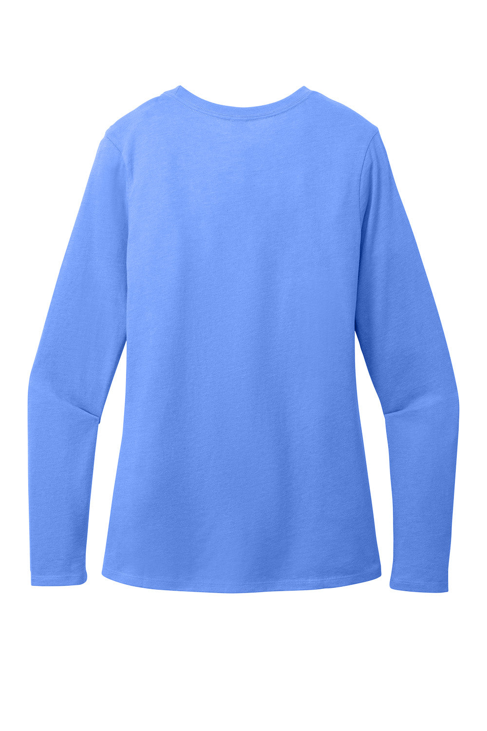 Heathered royal blue District Women’s Perfect Blend CVC long sleeve tee by Print-View, shown flat back view.