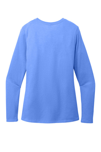 Heathered royal blue District Women’s Perfect Blend CVC long sleeve tee by Print-View, shown flat back view.