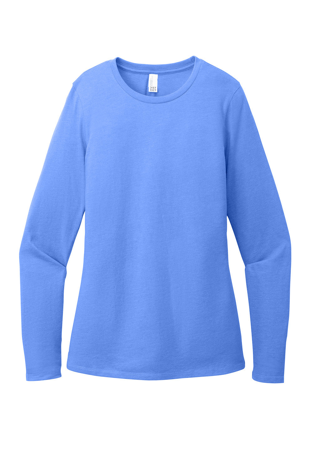 Print-View District Women’s Perfect Blend CVC long sleeve tee in heathered royal, flat front view showcasing soft fabric and fit.
