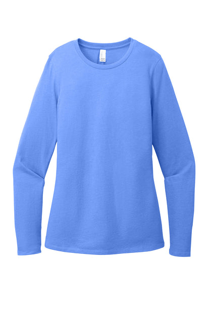 Print-View District Women’s Perfect Blend CVC long sleeve tee in heathered royal, flat front view showcasing soft fabric and fit.