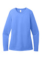 Print-View District Women’s Perfect Blend CVC long sleeve tee in heathered royal, flat front view showcasing soft fabric and fit.