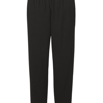 Black District® Women’s Perfect Tri® fleece jogger pants laid flat, showing soft fabric and relaxed fit with elastic waistband and cuffs.