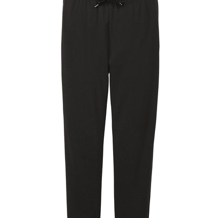 Black District® Women’s Perfect Tri® fleece jogger pants with a flat front and relaxed fit, ideal for comfortable casual wear.