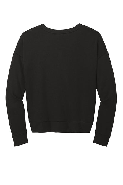 Black District Women’s Perfect Tri Fleece V-Neck Sweatshirt with flat back, showing comfortable, soft fabric and V-neck design.