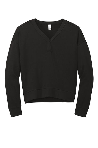 Black District® Women’s Perfect Tri® fleece V-neck sweatshirt with a flat front and long sleeves.