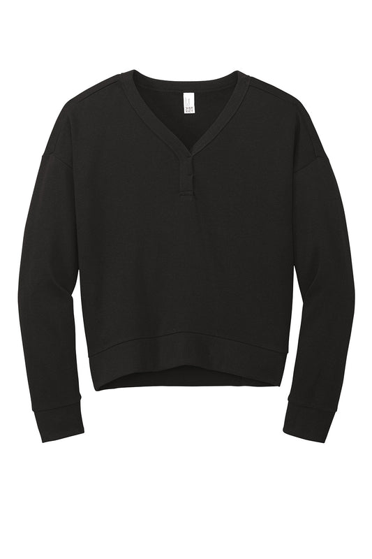 Black District® Women’s Perfect Tri® fleece V-neck sweatshirt with a flat front and long sleeves.