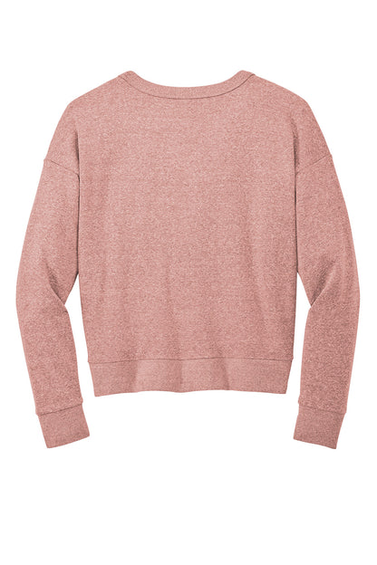 Blush frost District® Women’s Perfect Tri® fleece V-neck sweatshirt laid flat, showcasing soft fabric and V-neck design.