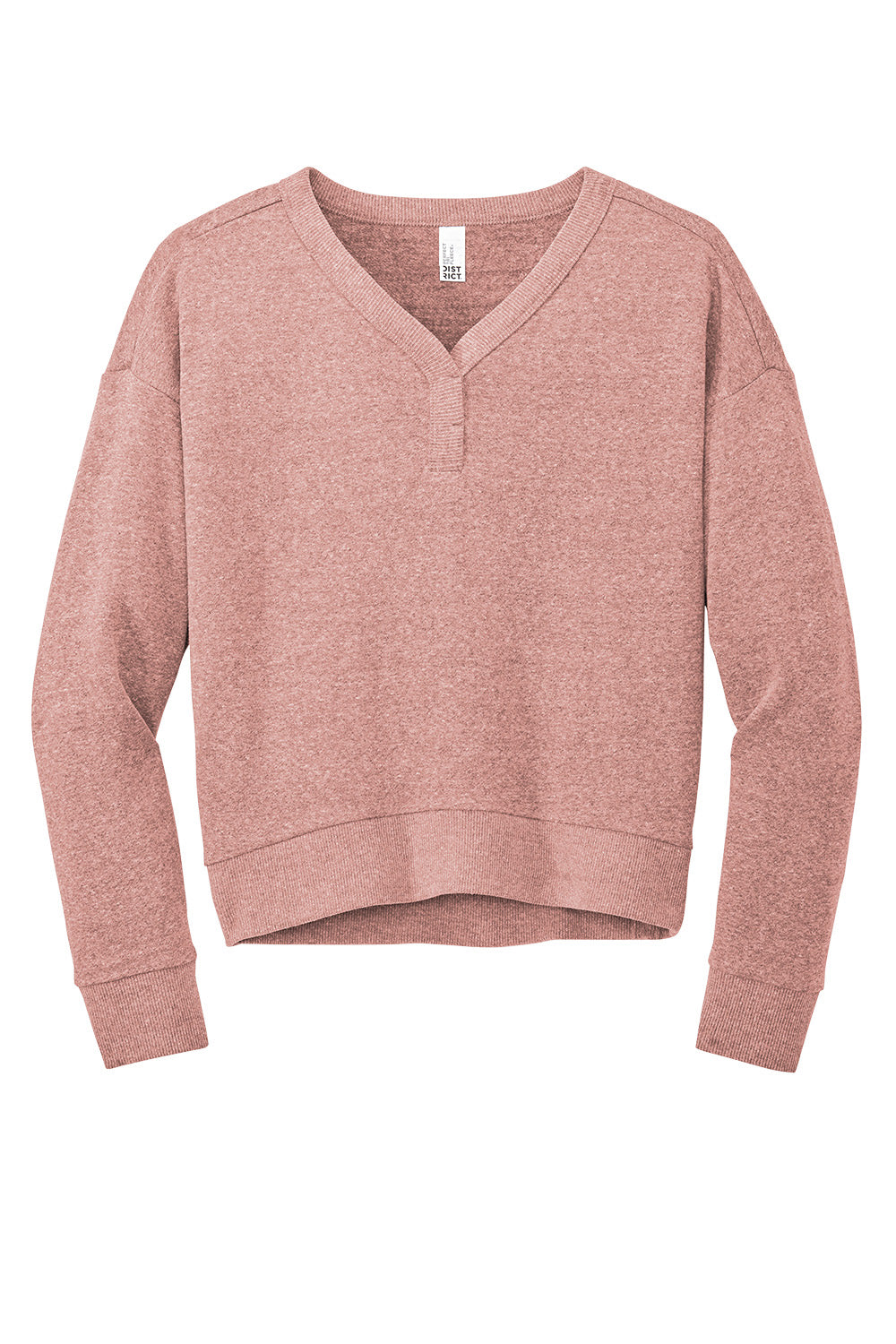 Print-View District Women's Perfect Tri Fleece V-Neck Sweatshirt in blush frost, flat front view showing soft fleece fabric and V-neck design.