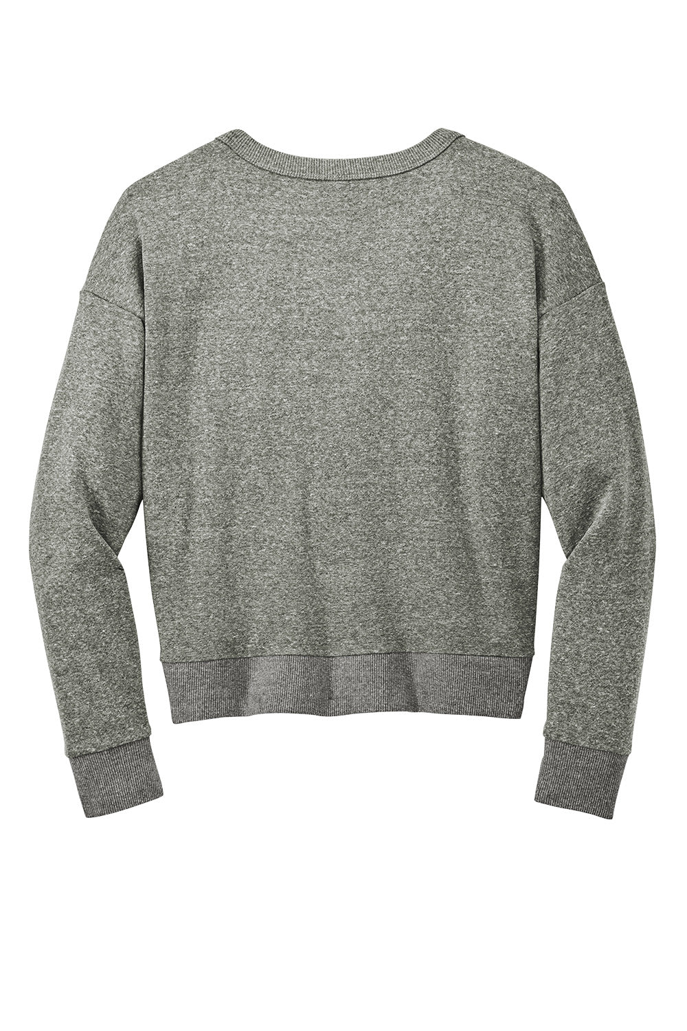 Heathered charcoal District® Women’s Perfect Tri® fleece V-neck sweatshirt laid flat, showing front view and neckline details.