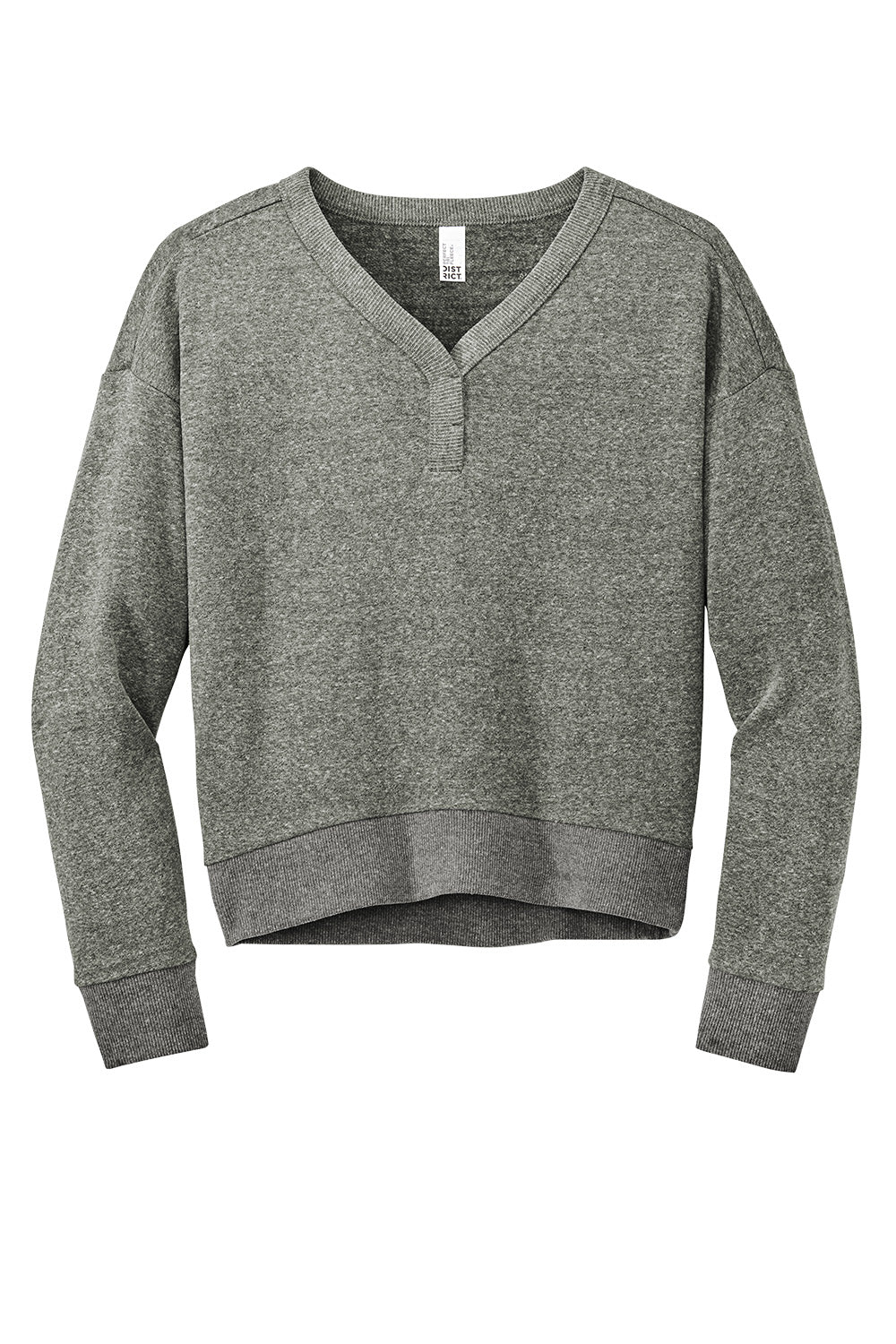 Heathered charcoal District® women’s Perfect Tri® fleece V-neck sweatshirt laid flat, showing soft fabric and classic V-neck design.