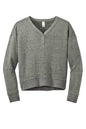 Heathered charcoal District® women’s Perfect Tri® fleece V-neck sweatshirt laid flat, showing soft fabric and classic V-neck design.