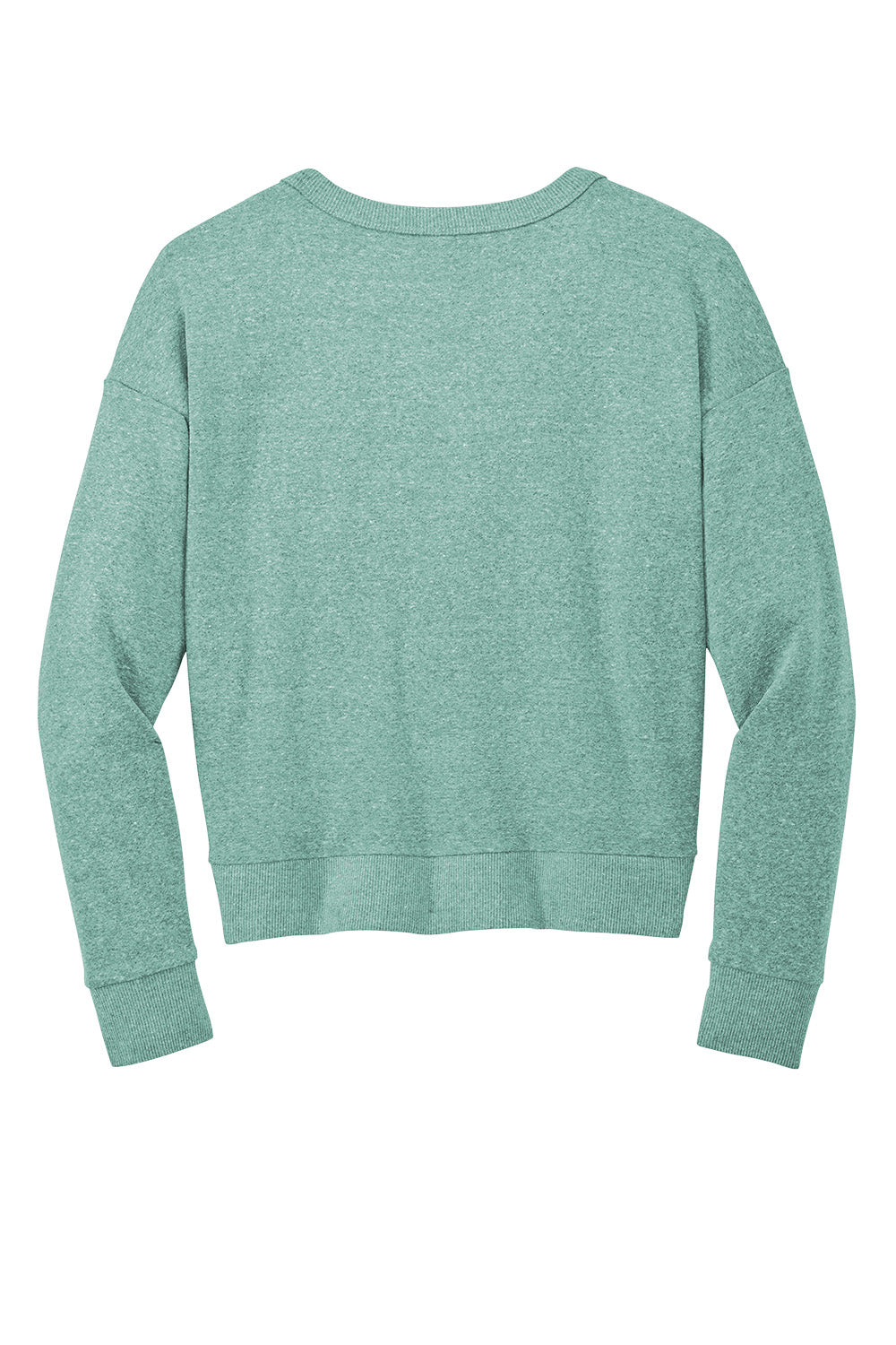 Heathered eucalyptus blue District Women’s Perfect Tri Fleece V-Neck Sweatshirt by Print-View, shown flat from the back.
