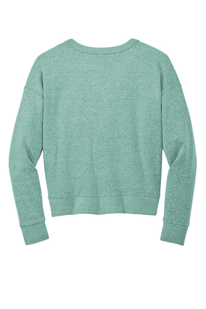 Heathered eucalyptus blue District Women’s Perfect Tri Fleece V-Neck Sweatshirt by Print-View, shown flat from the back.
