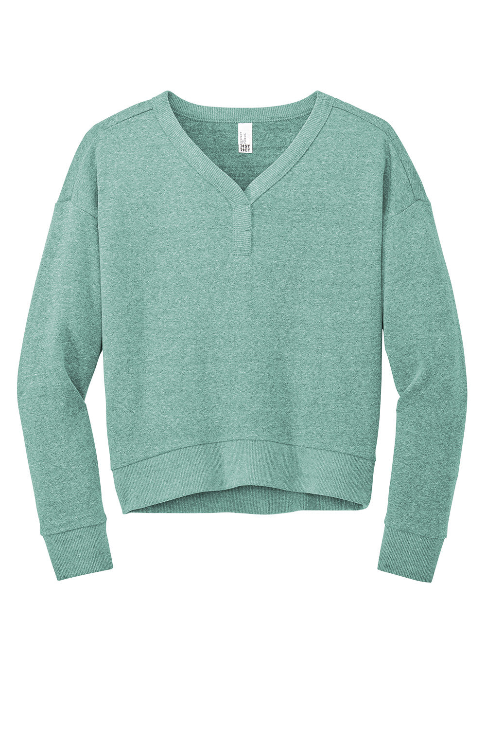 Heathered eucalyptus blue District® Women’s Perfect Tri® fleece V-neck sweatshirt laid flat, showing front view and soft fabric texture.