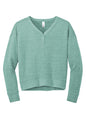 Heathered eucalyptus blue District® Women’s Perfect Tri® fleece V-neck sweatshirt laid flat, showing front view and soft fabric texture.