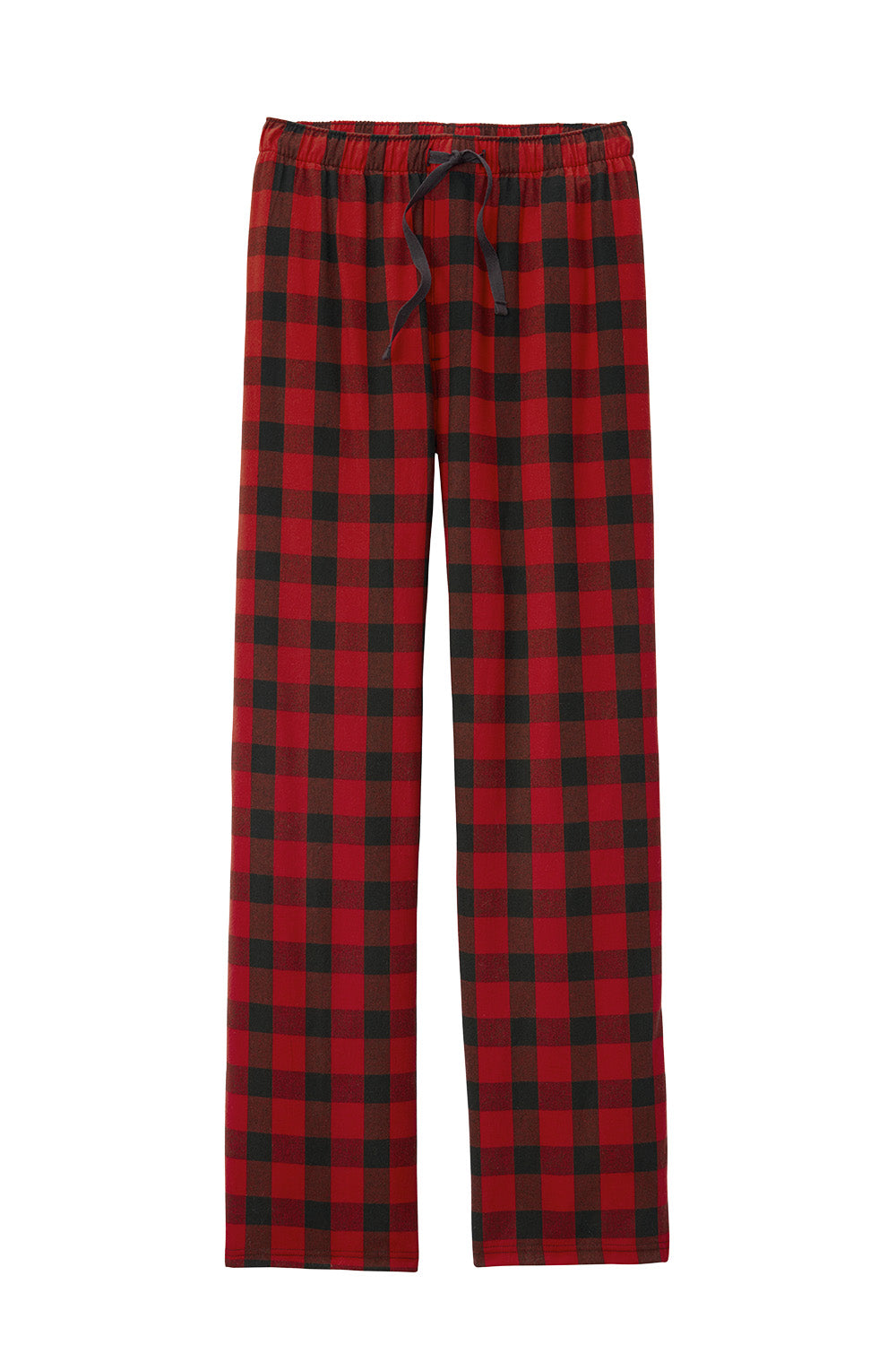 Print-View District® Flannel plaid pajamas in red and black buffalo check with a flat front design.