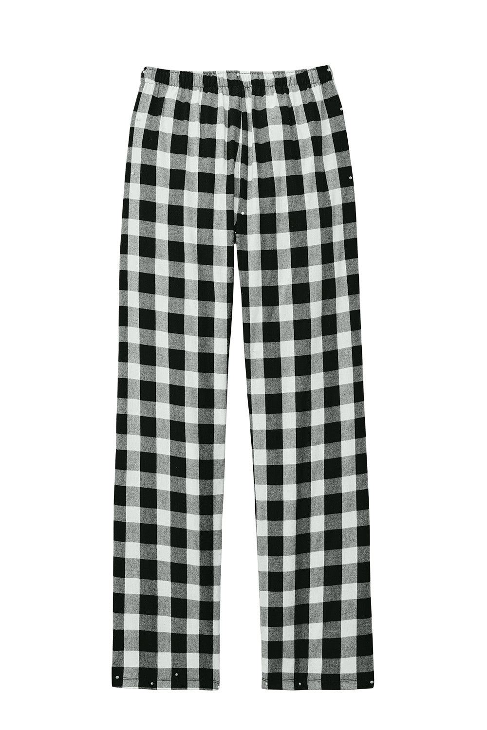 Print-View District® women's flannel plaid pajama pants in black and white buffalo check, soft and comfortable sleepwear.