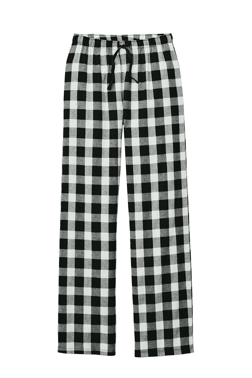 Print-View District women’s flannel plaid pajama pants in black and white buffalo check, featuring a flat front design.