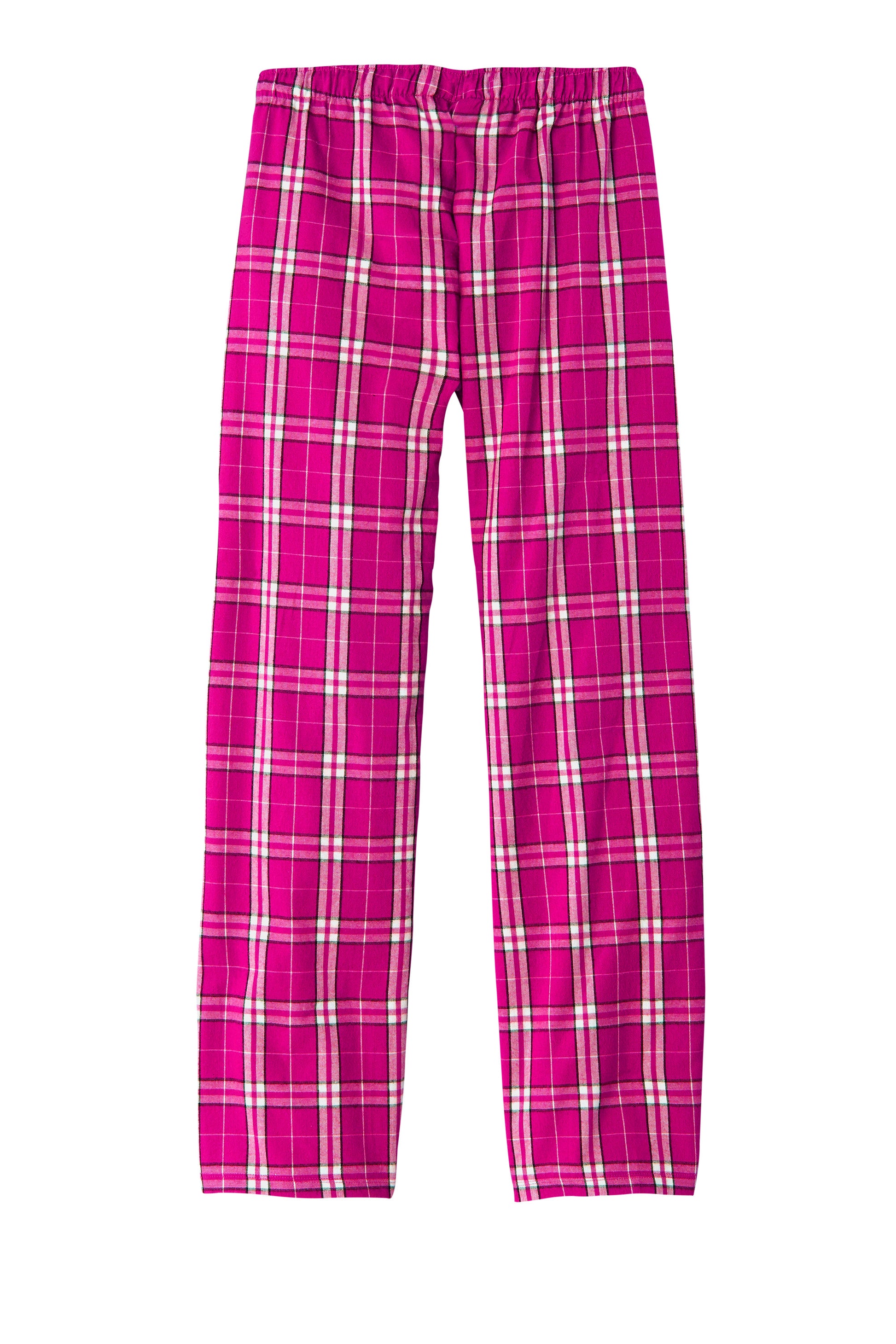 Print-View District Women’s Flannel Plaid Pajama Pant in dark fuchsia, shown flat back with soft, cozy fabric and plaid pattern.