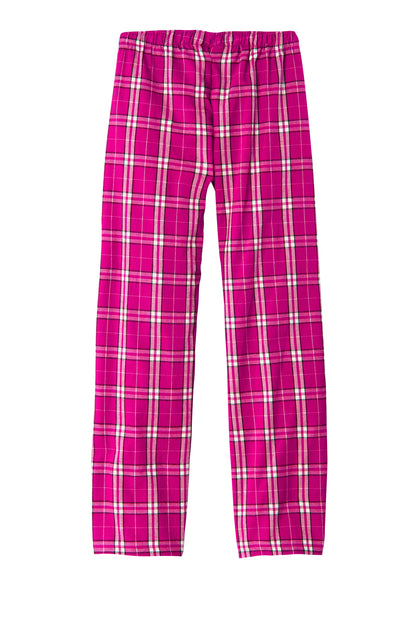 Print-View District Women’s Flannel Plaid Pajama Pant in dark fuchsia, shown flat back with soft, cozy fabric and plaid pattern.