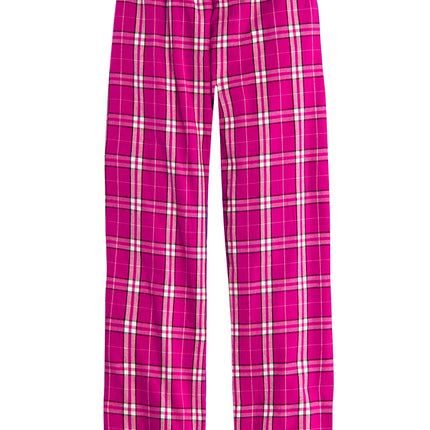 Pink plaid pajama pants front view 
