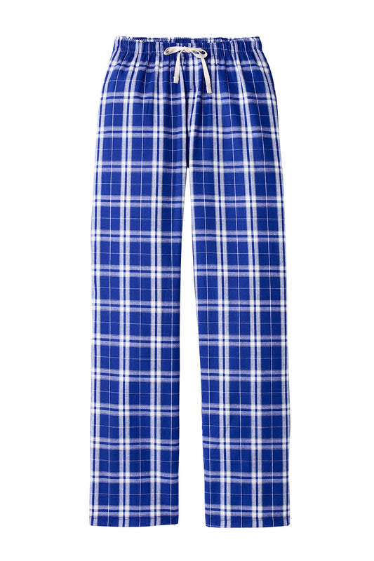 Print-View District® women's flannel plaid pajama pants with a flat front in deep royal color, soft and comfortable for sleep.
