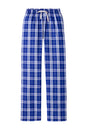 Print-View District® women's flannel plaid pajama pants with a flat front in deep royal color, soft and comfortable for sleep.