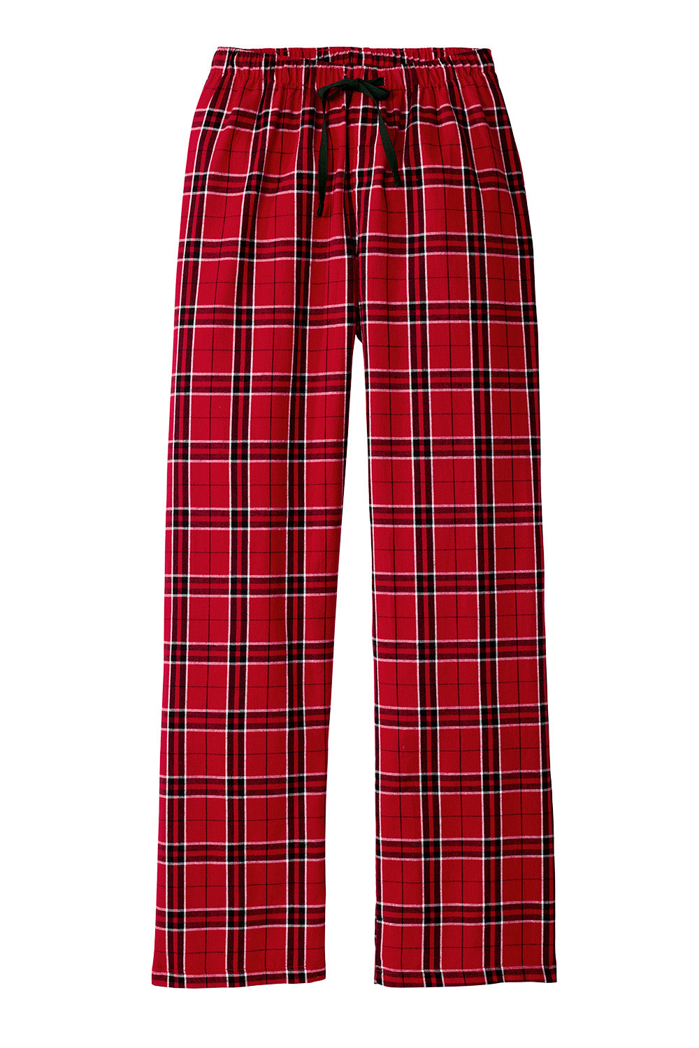 Print-View District® women's red flannel plaid pajama pants with flat front, cozy and comfortable for relaxed loungewear.