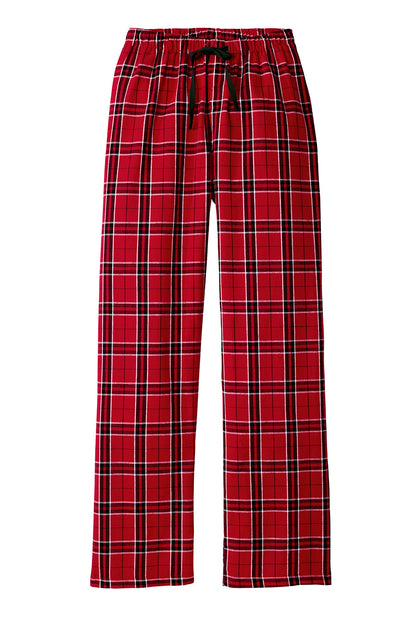 Print-View District® women's red flannel plaid pajama pants with flat front, cozy and comfortable for relaxed loungewear.