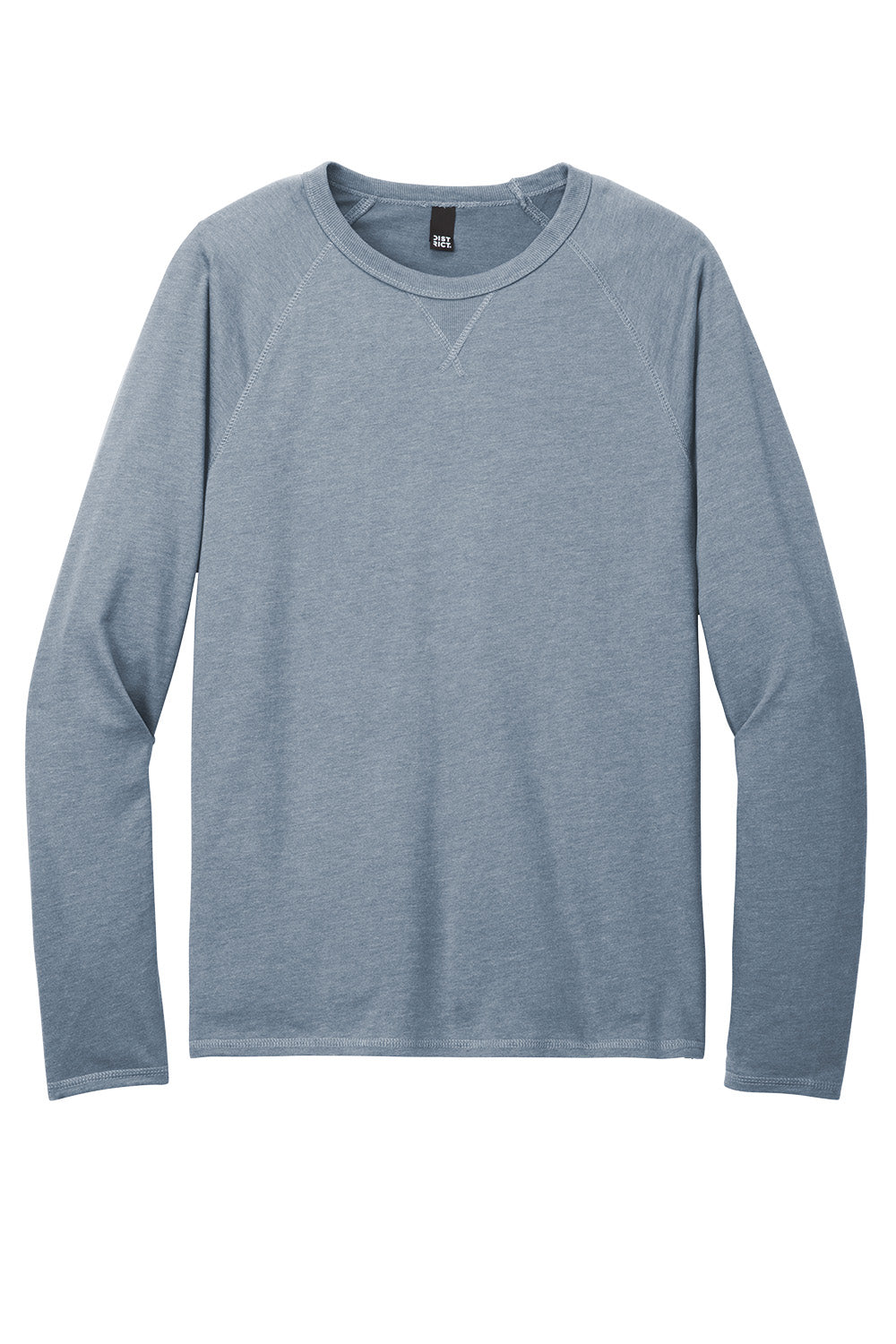 Print-View District Featherweight French Terry long sleeve crewneck in flint blue heather, flat front view showing soft fabric and classic fit.