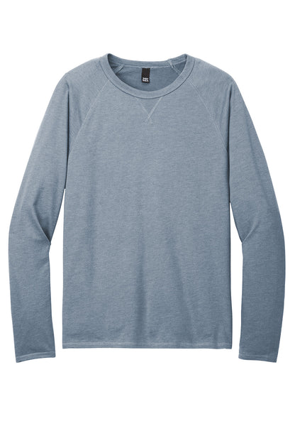 Print-View District Featherweight French Terry long sleeve crewneck in flint blue heather, flat front view showing soft fabric and classic fit.