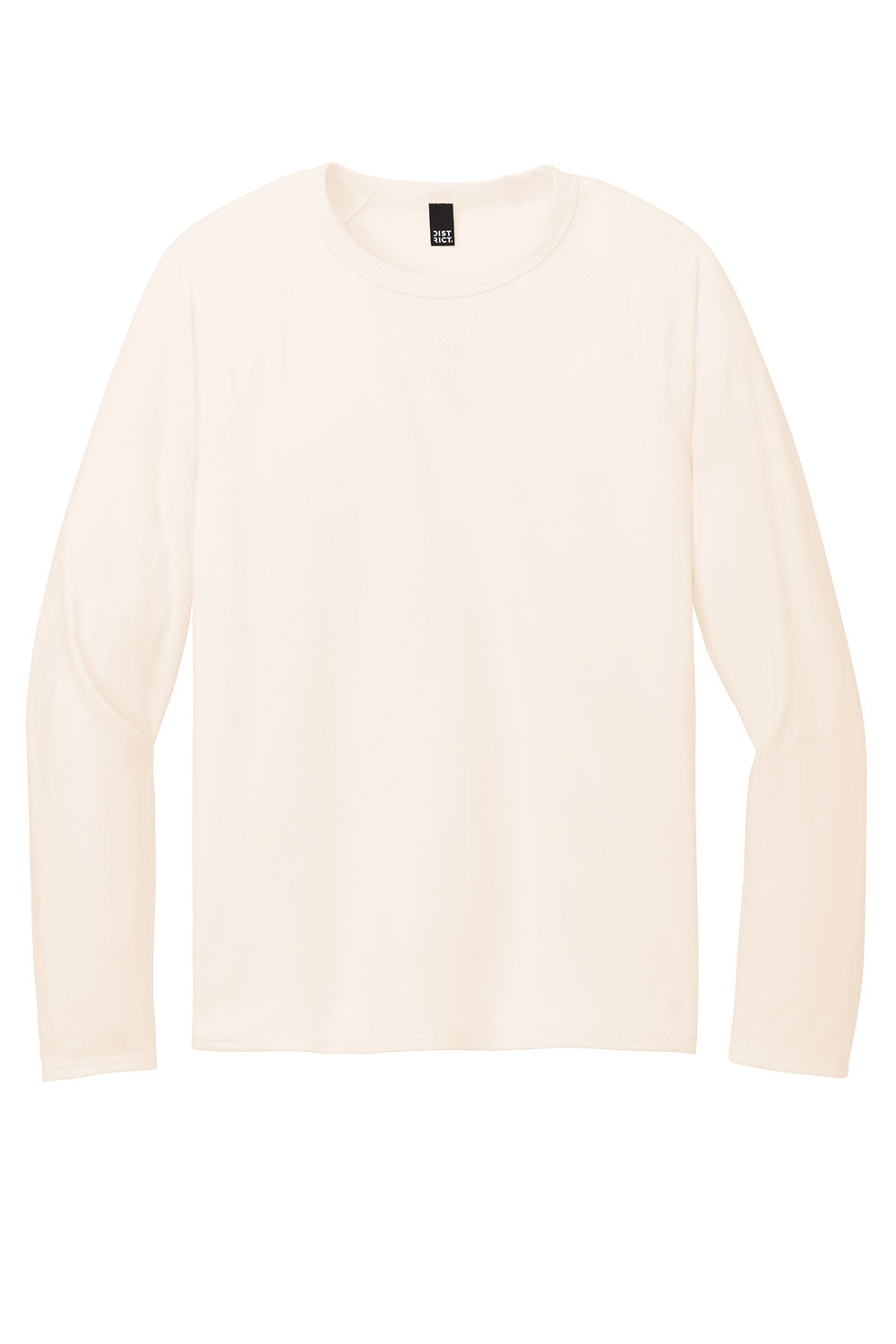 Print-View District Featherweight French Terry long sleeve crewneck in gardenia color, flat front view showcasing soft fabric and fit.