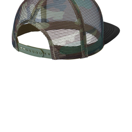 Print-View District® flat bill snapback trucker cap in military camouflage with a flat back design.