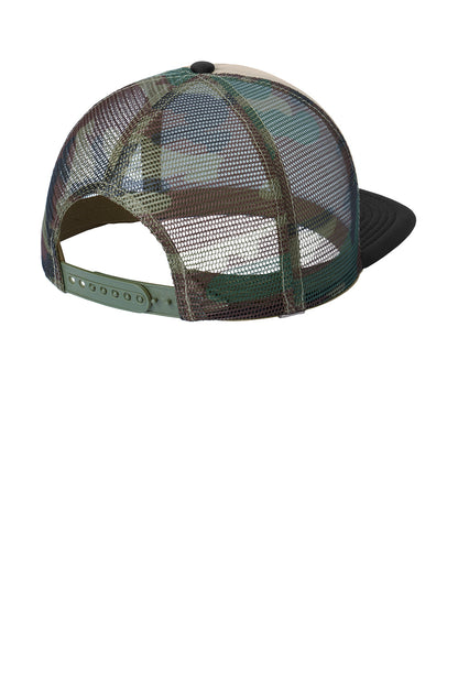 Military camo District® flat bill snapback trucker cap with a flat back and adjustable snap closure.