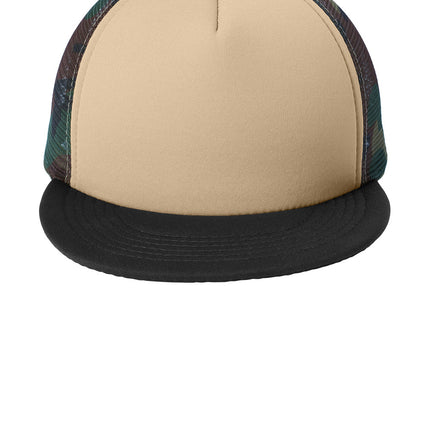 Print-View District® flat bill snapback trucker cap in military camo with a flat front and adjustable snap closure.