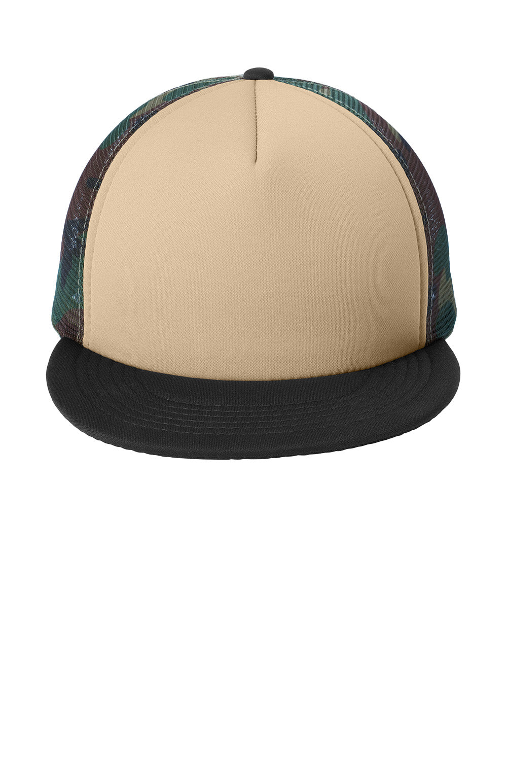 Print-View District® flat bill snapback trucker cap in military camouflage with front panel detail.
