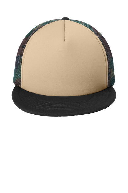 Print-View District® flat bill snapback trucker cap in military camouflage with front panel detail.
