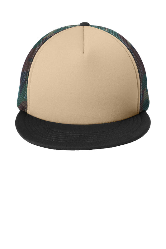 Print-View District® flat bill snapback trucker cap in military camouflage with front panel detail.