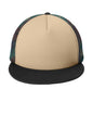 Print-View District® flat bill snapback trucker cap in military camouflage with front panel detail.
