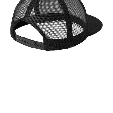 Print-View District flat bill snapback trucker cap in neon orange with a flat back design.