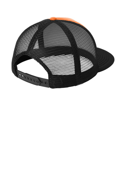 Print-View District® neon orange flat bill snapback trucker cap with a flat back design and structured crown.