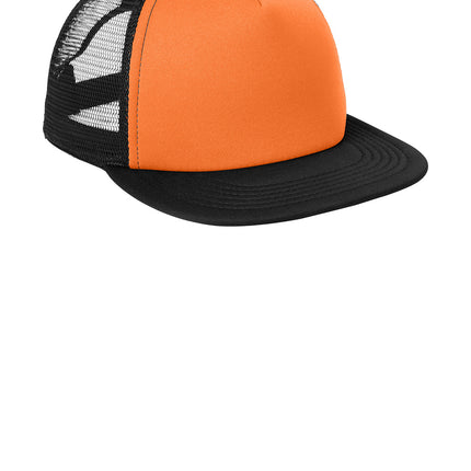 Print-View District® flat bill snapback trucker cap in neon orange, showing the right side view of the cap.