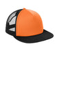 Neon orange District® flat bill snapback trucker cap with a right-facing view, featuring a structured crown and adjustable snapback closure.