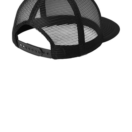 Print-View District® neon yellow flat bill snapback trucker cap with adjustable back and mesh panels.