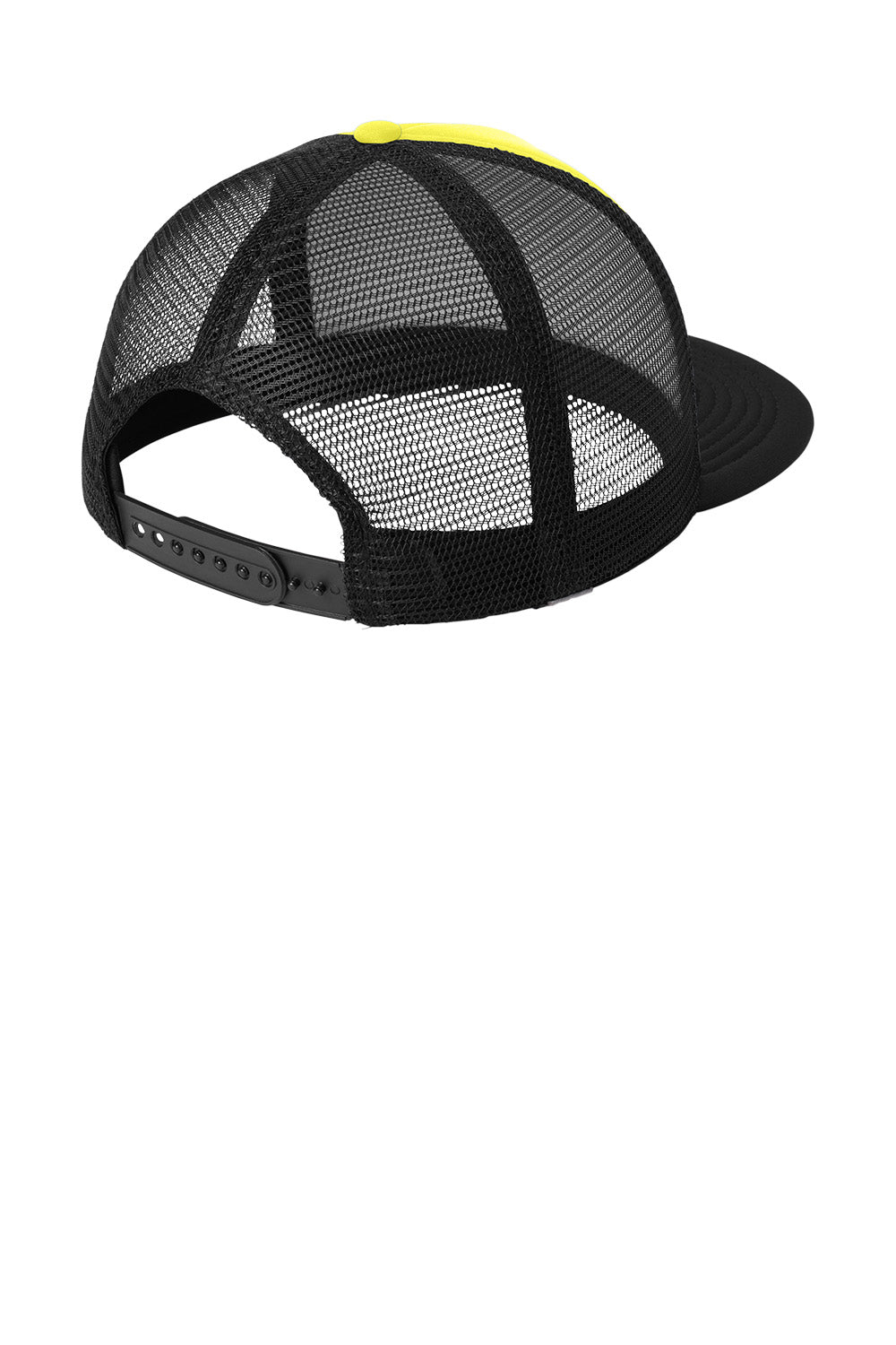 Neon yellow District® flat bill snapback trucker cap with a flat back design, featuring a structured crown and adjustable snap closure.