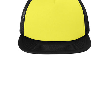 Neon yellow District® flat bill snapback trucker cap with straight brim and adjustable snap closure.